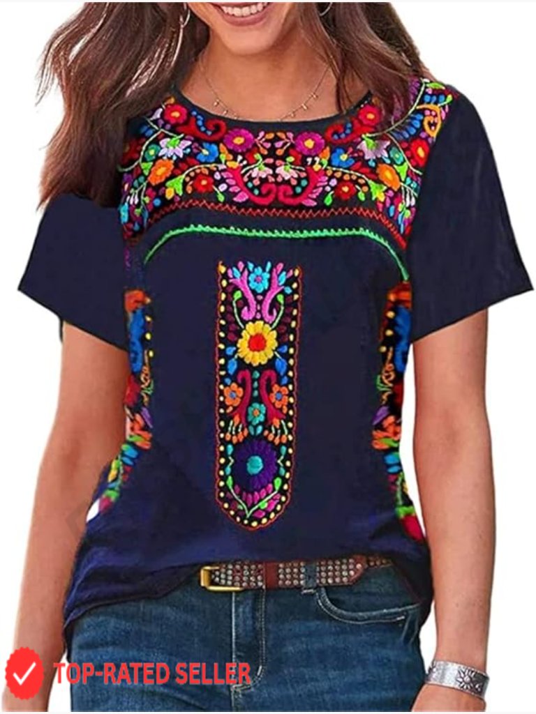 Mexican Embroidered Peasant Blouse Floral Boho Chic Short Sleeve Top Casual